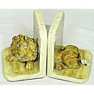 Vintage Bookends Lion Mouse Quon Art Japan Rare Ceramic 1980s